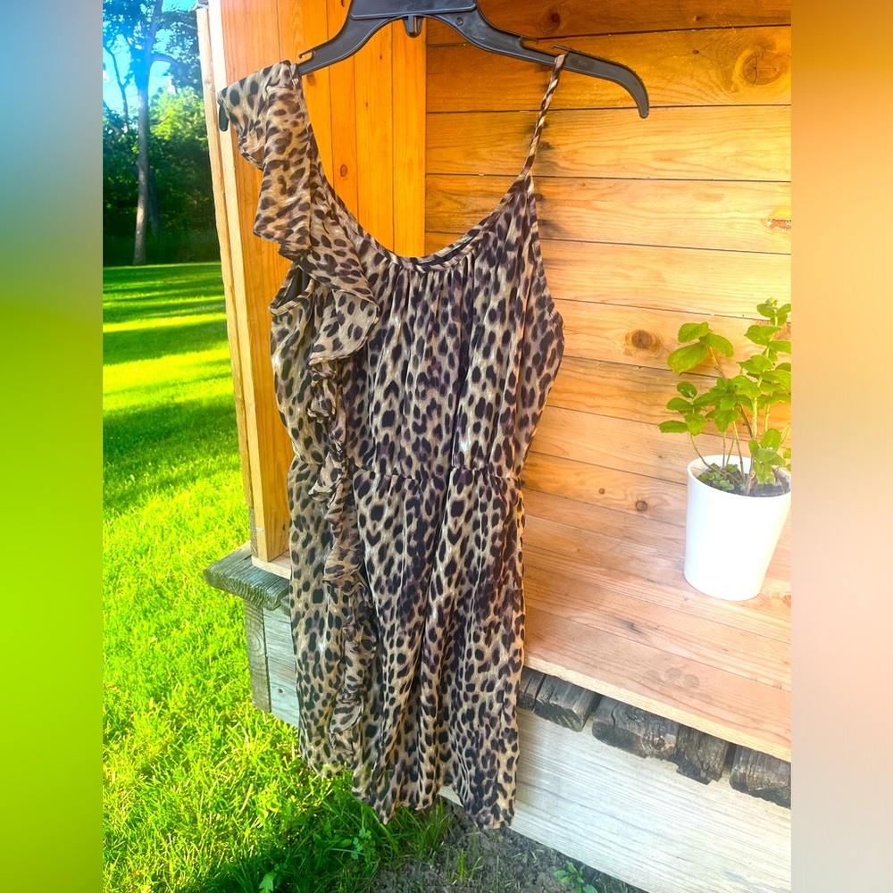 Leopard Print Ruffle One-Shoulder Sleeveless Dress Brown & Black Ladiesā Medium